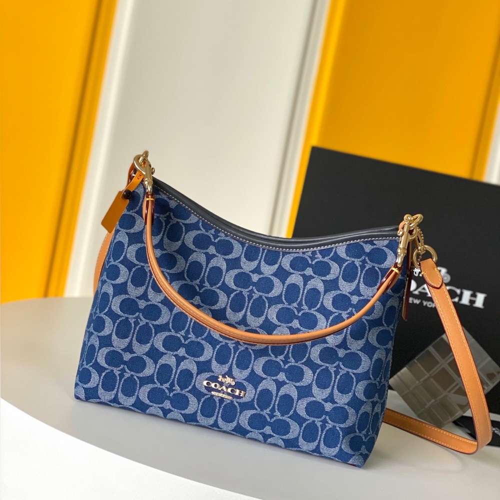 🍀Coach Blue Denim Monogram Shoulder Bag Everyday Crossbody